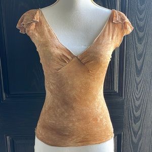 Sheer Golden Tan Tie Dyed V-Veck with Flirty Ruffled Slit Shoulder